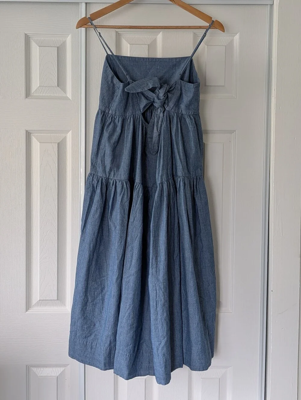 J. Crew Tie Back Tiered Chambray Blue Cotton Midi Dress 4 Boho Beach Cottagecore